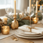 Luxueuze kersttafel in Scandinavische stijl met gouden kaarsen, dennentakken, elegante servies en warme verlichting.