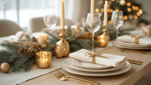 Luxueuze kersttafel in Scandinavische stijl met gouden kaarsen, dennentakken, elegante servies en warme verlichting.