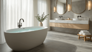 De Ultieme Gids voor het Perfect Stylen van je Badkamer: Van Planning tot Resultaat Luxe moderne badkamer met een vrijstaand ovaal bad, dubbele wastafel van wit marmer, matte zwarte armaturen en natuurlijk stenen vloeren in grijs, gevangen in zacht ochtendlicht.