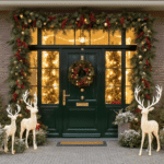 Luxueuze Nederlandse kerstvoordeur met donkergroene houten deur, XL kerstkrans van dennentakken en LED-verlichting, symmetrisch weergegeven met koperen lantaarns, verlichte rendieren en decoratieve guirlandes, tegen een warme bakstenen gevel tijdens het gouden uur.