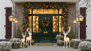 Luxueuze Nederlandse kerstvoordeur met donkergroene houten deur, XL kerstkrans van dennentakken en LED-verlichting, symmetrisch weergegeven met koperen lantaarns, verlichte rendieren en decoratieve guirlandes, tegen een warme bakstenen gevel tijdens het gouden uur.