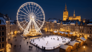 Aerial view of Maastricht's Vrijthof square at night, featuring a 45-meter illuminated Ferris wheel, an ice skating rink, historic buildings adorned with Christmas lights, the Sint-Servaasbrug replica, and snow-dusted medieval architecture, creating a warm, festive atmosphere.