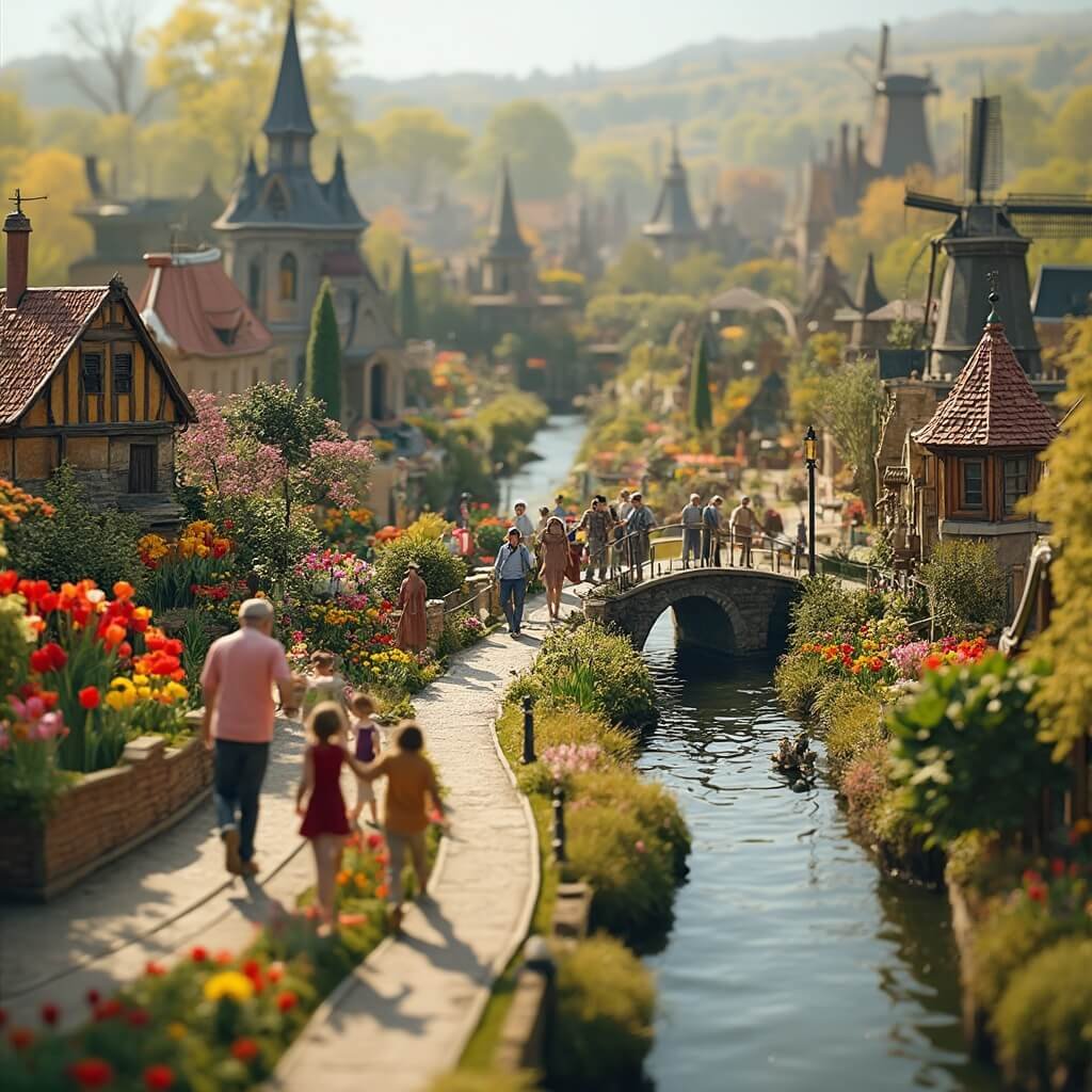 A vibrant miniature wonderland of Madurodam featuring detailed scale models of Dutch landmarks, with families strolling among winding pathways, colorful tulip gardens, and railways, all illuminated by warm afternoon sunlight.