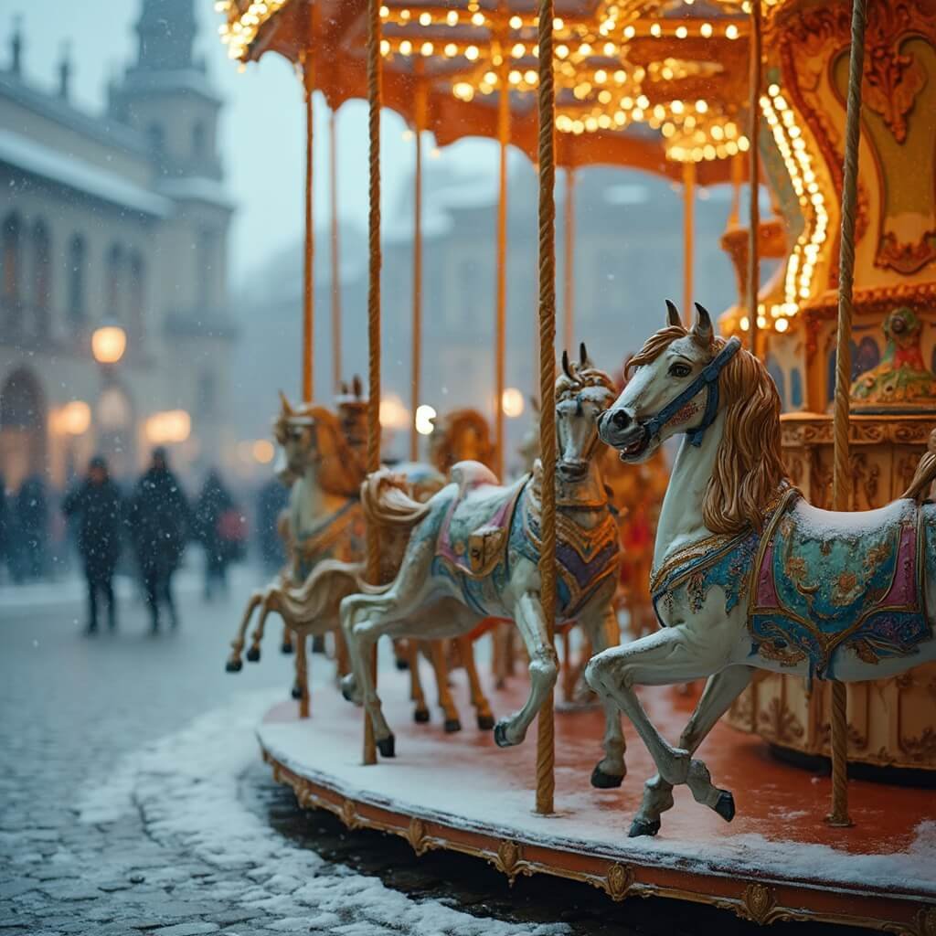 Winterwonder in Maastricht: De Ultieme Gids voor Magische Winterbeleving Betoverende wintercarrousel op een historischplein in een Europese stad, met sierlijke vintage houten paarden en delicate details, zachte twinkelende lichten, zachte sneeuwval, barokke architectuur op de achtergrond, magische sfeer in de vroege avond, zachte pastel winterkleuren.