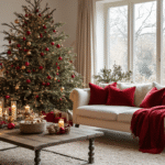 Sfeervolle Nederlandse woonkamer met luxe kerstdecoratie, inclusief een majestueuze kerstboom, elegante banken en warme kaarsverlichting, alles in een uitnodigende sfeer.