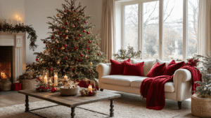 Sfeervolle Nederlandse woonkamer met luxe kerstdecoratie, inclusief een majestueuze kerstboom, elegante banken en warme kaarsverlichting, alles in een uitnodigende sfeer.