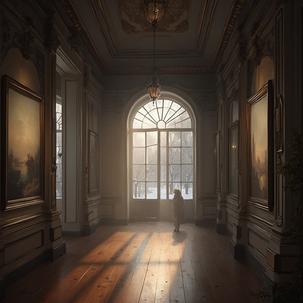 Winter Wonder: Waarom Den Haag Je Winterhart Steelt Sfeervolle winterscène in het Mauritshuis met zachte gouden verlichting op Hollandse meesters, een weelderig interieur met grote ramen die de grijze winterhemel tonen, warme houten vloeren en subtiele winterdecoraties, geen mensen zichtbaar, hyperrealistisch museuminterieur met zachte schaduwen en rijke texturen.