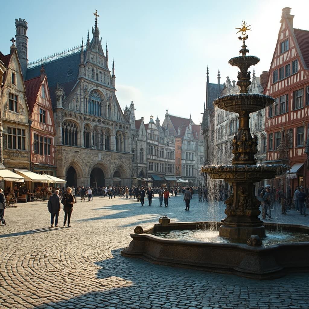 Leuke dingen om te doen in Antwerpen: De Ultieme Gids voor Avonturiers en Cultuurliefhebbers! A vibrant medieval market square featuring a Gothic Renaissance town hall, colorful guild houses, and a baroque fountain surrounded by tourists and locals, all bathed in warm afternoon sunlight.