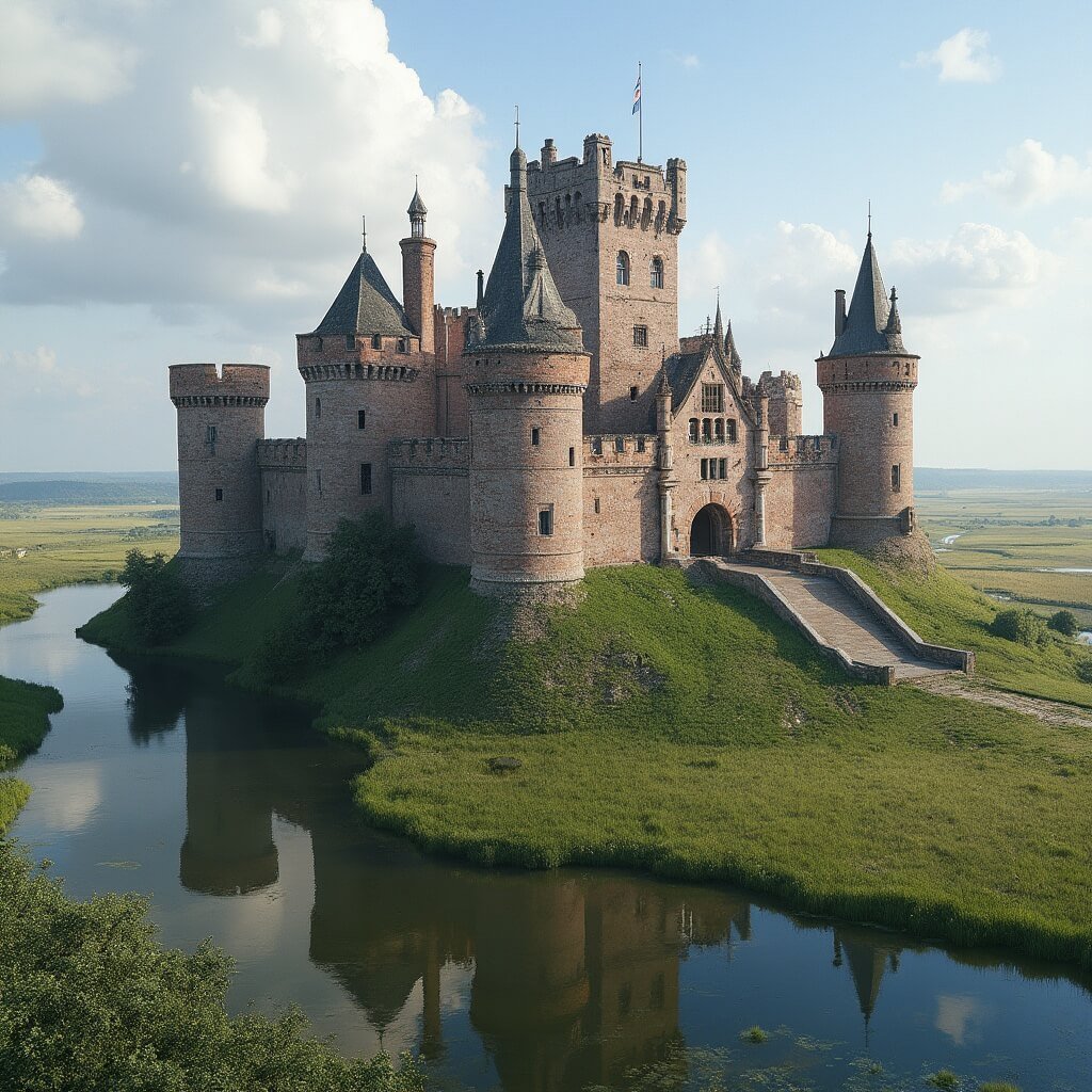 Uitstapjes Gelderland: Jouw Ultieme Gids voor Onvergetelijke Avonturen An imposing medieval castle fortress with thick stone walls and defensive towers, surrounded by lush green meadows and meandering waterways, featuring a dramatic moat that reflects its ancient brick architecture, set against a traditional Dutch countryside landscape under a partly cloudy sky.