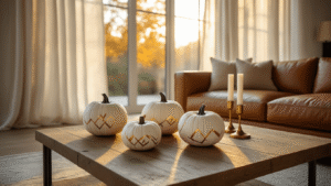 DIY Pompoenversiering: Transformeer Je Huis in een Herfst Paradijs Hyperrealistische foto van een lichte, ruime woonkamer met grote ramen, waar het gouden uurszonlicht door sheer linnen gordijnen valt. Een rustieke eikenhouten salontafel met drie minimalistische witte pompoenen met delicate gouden geometrische patronen, omringd door messing kaarshouders met witte pilaren. Op de achtergrond een cognac lederen bank, met een zacht diepte-effect en een gedempte warme kleurenpalet, wat een sfeervolle herfstatmosfeer creëert.