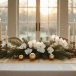 "Elegante eettafelsetting voor kerst met een off-white linnen tafellaken, gouden tafelrunner, en centraal bloemstuk van dennen takken, witte orchideeën en matte gouden ballen, gefotografeerd in een moderne eetkamer bij zonsondergang met natuurlijk licht."