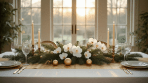 "Elegante eettafelsetting voor kerst met een off-white linnen tafellaken, gouden tafelrunner, en centraal bloemstuk van dennen takken, witte orchideeën en matte gouden ballen, gefotografeerd in een moderne eetkamer bij zonsondergang met natuurlijk licht."