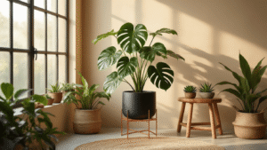 Hoe Creëer Je een Adembenemend Plantenhoekje in Pot: Stap-voor-Stap Gids Cinematic interior photo of a sunlit corner featuring a Monstera Deliciosa in a matte black pot on a geometric copper stand, surrounded by Calathea and trailing Epipremnum, against a warm beige wall with rattan and jute accents, showcasing a minimalist Scandinavian aesthetic.