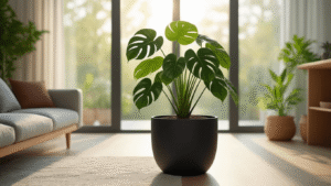 Binnenpotten: De Ultieme Gids voor Gezonde Kamerplanten Een fotorealistisch interieur van een Scandinavische minimalistische woonkamer met ochtendzonlicht dat door de vloer-tot-plafondramen valt, een grote Monstera Deliciosa in een matte zwarte planter, gedetailleerde afvoergaten zichtbaar, hydrocultuurstenen aan de onderkant, terracotta en keramische potten op de achtergrond, natuurlijke houten meubelaccenten, warme kleurenpalet en een zachte bokeh-effect.