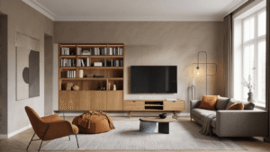 Creatieve Manieren om een Lange Muur in je Woonkamer te Doorbreken Hyperrealistisch beeld van een moderne Scandinavische woonkamer met natuurlijke verlichting, featuring een eiken boekenkast, art wall, visgraat wandpaneel, leren fauteuil, kamerplanten in messing potten, en een modulaire bank met kussens, alles verrijkt door een vloerlamp en een handgeknoopt vloerkleed.