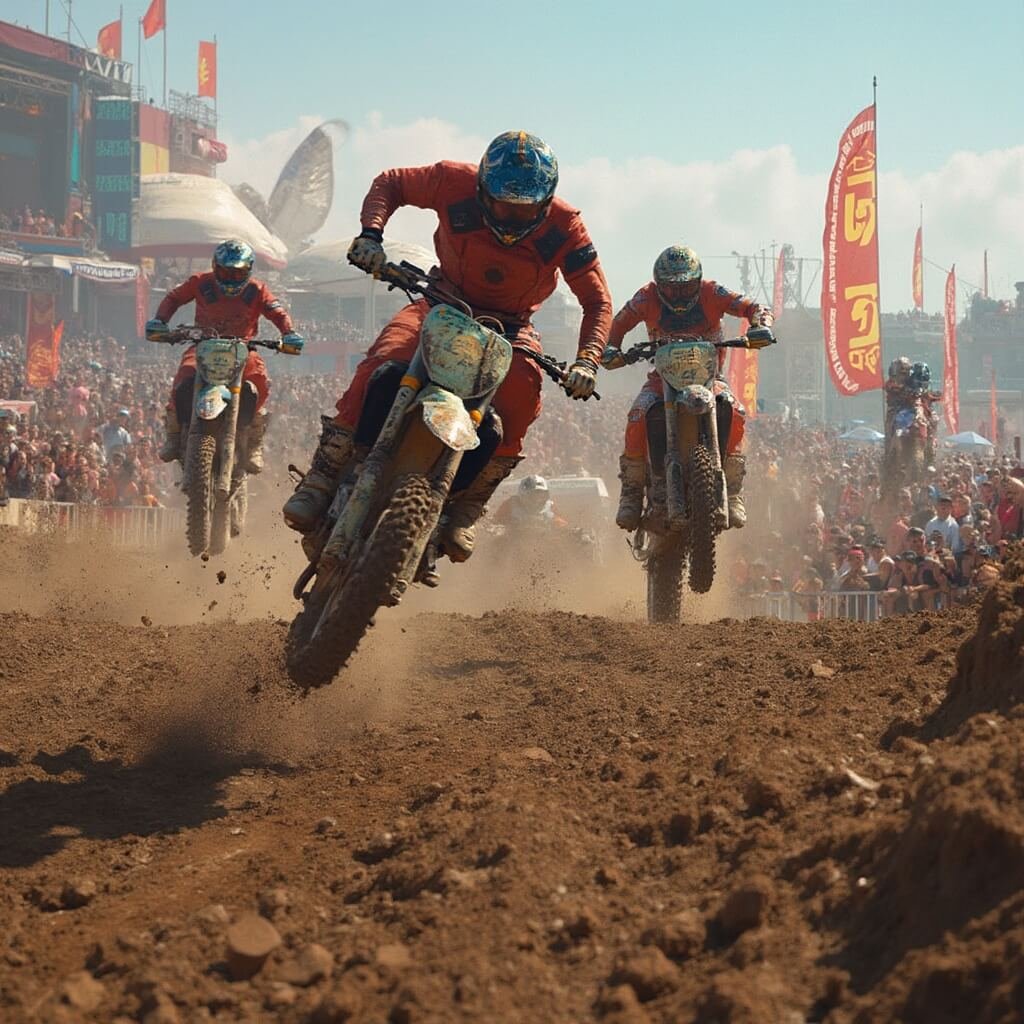 Uitstapjes Gelderland: Jouw Ultieme Gids voor Onvergetelijke Avonturen Dramatische motorsportfestival scene met een energieke muziekconcert op de achtergrond, modderig racecircuit, enthousiaste menigte, kleurrijke festivalsfeer, meerdere motorfietsen in de lucht, dynamische actie fotografie stijl met levendige kleuren en scherpe details.