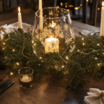 Stijlvolle Nederlandse kersttafel met glazen stolp, dennentakken, LED-lichtsnoeren en handgeschreven naamkaartjes, in een warme en uitnodigende setting.