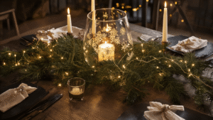 Stijlvolle Nederlandse kersttafel met glazen stolp, dennentakken, LED-lichtsnoeren en handgeschreven naamkaartjes, in een warme en uitnodigende setting.