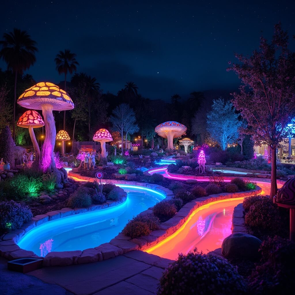A vibrant nighttime mini-golf course with neon lights and UV effects, showcasing glowing obstacles and fluorescent greens, surrounded by whimsical illuminated mushrooms and trees, with LED-lit curved paths and geometric shapes, all set under a dark sky.