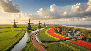 Aerial view of the Dutch countryside featuring windmills, cyclists on red bike paths through blooming tulip fields, a historic canal with houseboats, families in Hoge Veluwe National Park, and kitesurfers near Zandvoort beach, all under a dramatic sky at golden hour.