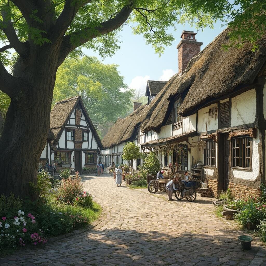 A picturesque historical village in Orvelte, Drenthe, showcasing traditional Dutch farmhouses with thatched roofs and white walls, cobblestone streets, artisans working at wooden benches, vibrant gardens, and tall oak trees.
