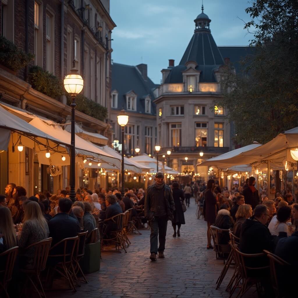Drukke avondscene op het Plein in Den Haag met mensen die genieten van drankjes en gesprekken op terrassen, warme straatverlichting en historische Europese architectuur op de achtergrond, omgeven door een levendige sociale sfeer en zachte twilight kleuren.