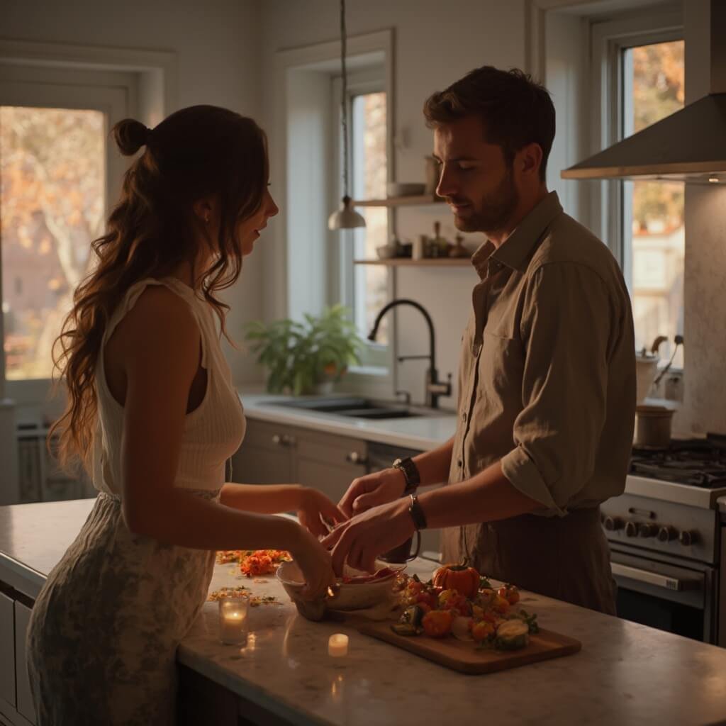 Intieme thuisdate-setup, twee mensen samen aan het koken in een moderne keuken, speelse interactie, verse ingrediënten op een marmeren aanrecht, warm zacht avondlicht dat door de ramen filtert, eigentijds minimalistisch keukenontwerp, romantische en samenwerkende sfeer.