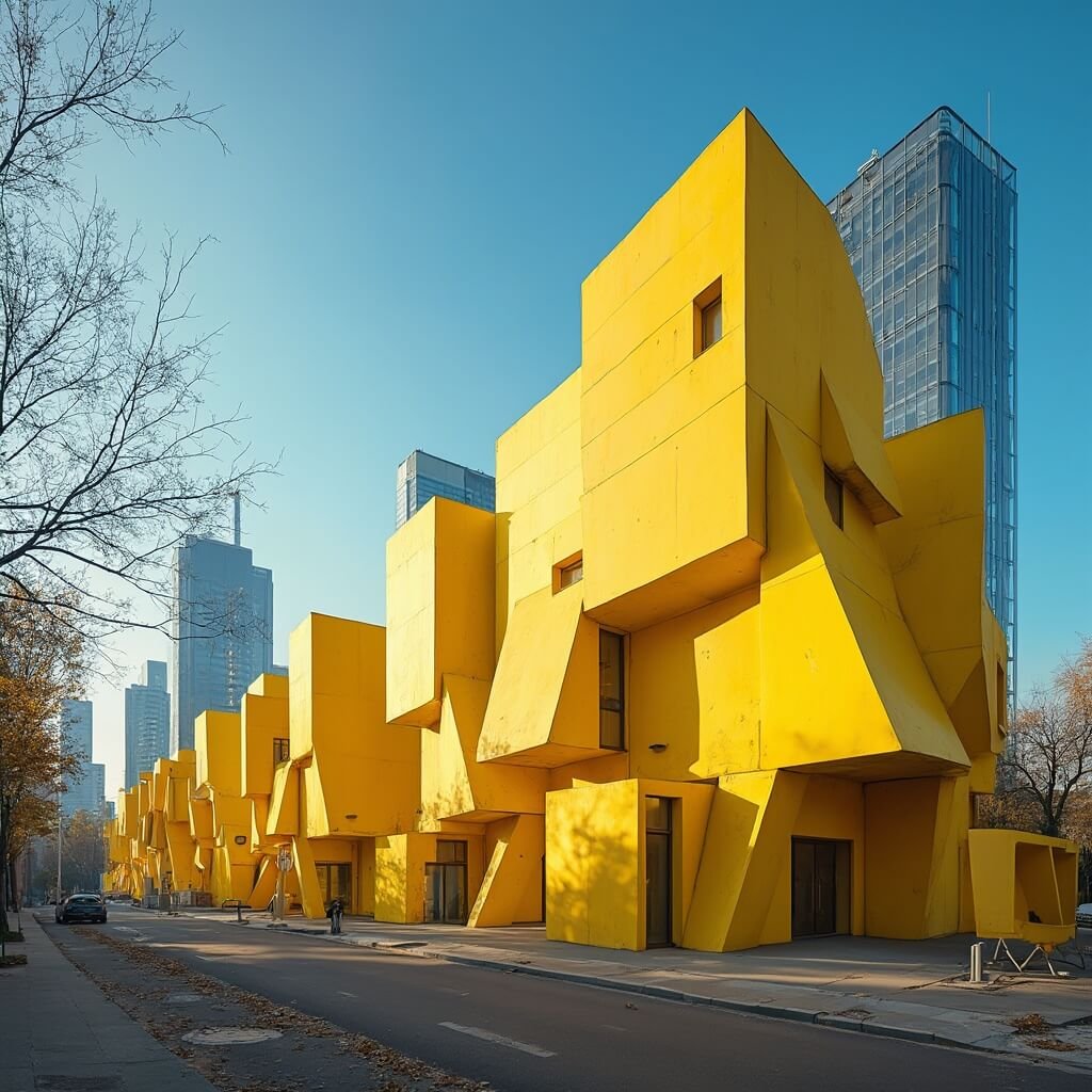 Ontdek Rotterdam: De Ultieme Gids voor Onvergetelijke Avonturen Wide-angle view of Rotterdam's Cube Houses with bright yellow tilted structures against a blue sky, featuring modern glass buildings in the background, showcasing geometric patterns and afternoon shadows from a street-level perspective.
