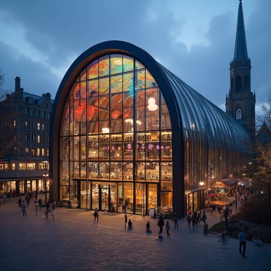 Ontdek Rotterdam: De Ultieme Gids voor Onvergetelijke Avonturen Atmospheric evening view of Rotterdam's Markthal with its large arch-shaped structure and colorful mural ceiling, bustling with food stalls and people inside, while the exterior reflects city lights and shows modern buildings and the Laurenskerk church in the background at dusk.