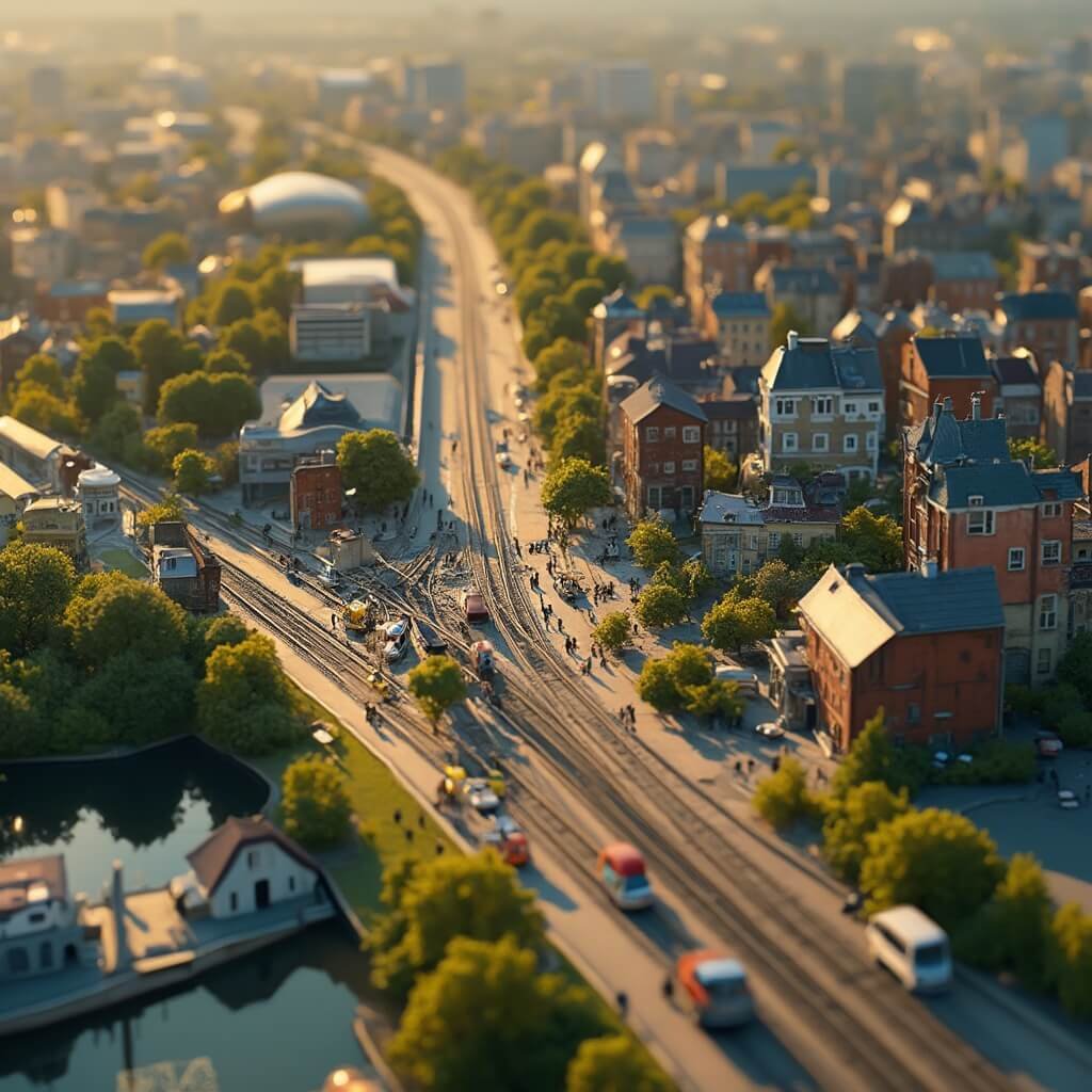 Ontdek Rotterdam: De Ultieme Gids voor Onvergetelijke Avonturen Gedetailleerd miniatuurlandschap van de stad Rotterdam, met complexe kleine gebouwen, nauwkeurige modelsporen, realistische schaalmodellen met kleine gedetailleerde mensen, bovenaanzicht, levendige kleuren, hyper-realistische miniatuurwereld, luchtperspectief, gouden uurlichting, ongelooflijk niveau van precisie en detail.