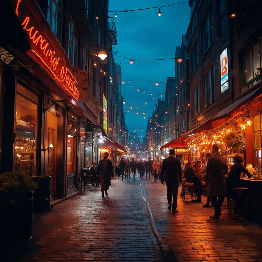 Ontdek Rotterdam: De Ultieme Gids voor Onvergetelijke Avonturen Drukke nachtelijke straatscène in Rotterdam met de Witte de Withstraat, trendy cocktailbars met warme, gloedvolle lichten, stijlvolle mensen die wandelen, moderne stadsarchitectuur en een levendige sfeer, vastgelegd in een cinematische fotografie stijl met rijke kleurenschema's van blauwtinten en warme oranje tinten.