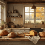 Een rustieke landelijke keuken met warm ochtendlicht, waar vers gebakken pompoenbrood en broodjes op een houten eiland zijn gestapeld, omringd door kleine pompoenen en kruiden in terracotta potten. Details van houten balken, koper en keramiek, met dramatische schaduwen en volumetrisch licht.
