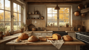 Een rustieke landelijke keuken met warm ochtendlicht, waar vers gebakken pompoenbrood en broodjes op een houten eiland zijn gestapeld, omringd door kleine pompoenen en kruiden in terracotta potten. Details van houten balken, koper en keramiek, met dramatische schaduwen en volumetrisch licht.