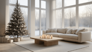 Moderne Kerst Decoratie: Je Interieur Transformeren met Minimalistische Elegantie Moderne Scandinavische woonkamer met een slanke kunstkerstboom, beige linnen bank en geometrische houten salontafel, verlicht door natuurlijk ochtendlicht.