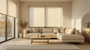 Privacy en Daglicht: De Beste Raambekleding Oplossingen Fotorealistische weergave van een moderne Scandinavische woonkamer van 40 m² met gouden uur-verlichting, een grote venstergevel met half-lage crèmekleurige plisségordijnen, een lichtbeige leren sofa, een eikenhouten salontafel, en een zachte zonnestraal die door het raam valt en warme schaduwen creëert. Naturalistische materialen zoals linnen kussens en een wollen vloerkleed zijn te zien, met een cineastische uitstraling en warme kleurtint.