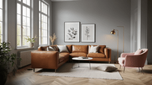 20 Ongelooflijke Grijze Muurverf Kleuren voor een Moderne Thuisstijl Cinematische wide-angle opname van een Scandinavische woonkamer in balans mistgrijs met een cognacleren bank, natuurlijke linnen kussens, herringbone eiken vloer, en een roze fluwelen fauteuil, prachtig verlicht door zacht ochtendlicht.