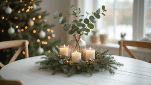 Kerst Knutselen voor Volwassenen: Stijlvolle Decoratie die Pinterest Zou Kunnen Behagen Elegante close-up van handgemaakte Scandinavische kerstdecoraties op een wit eiken tafel, met een eucalyptus krans, gouden kandelaars en DIY ornamenten in een minimalistisch, creatief ontwerp.