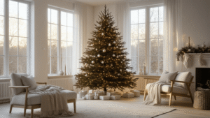 Maak je Kerstboom Onvergetelijk: Ultieme Decoratiegids voor een Sfeervolle Kerst Minimalistische Scandinavische woonkamer met een 2,5 meter hoge Nordmann-spar, versierd met warme witte LED-lampen. Gouden uurtjeslicht stroomt door grote ramen, met lichte houten meubels en handgemaakte houten sterren. Frosted glazen kerstballen vangen het licht, terwijl een vlakke kleurenschema en volumetrische verlichting een gezellige sfeer creëren.