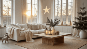 Een Betoverende Scandinavische Kerst: Creëer Magische Wintersferen in Je Interieur Cinematische opname van een Scandinavische woonkamer tijdens de gouden uurtjes, met natuurlijke lichtinval, een crèmekleurige linnen bank, een houten salontafel met glazen lantaarns en kerstdecoraties.