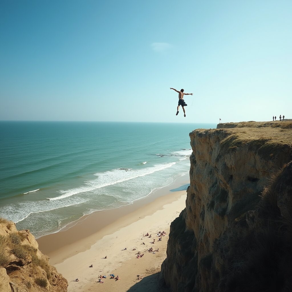 Leuke dingen om te doen in Nederland: Jouw ultieme gids voor onvergetelijke avonturen Dramatische bungee jump scène boven zandige kustkliffen in Scheveningen, Nederland, met een helderblauwe zee en een blauwe lucht, die een eenzame jumper in het midden van de sprong vastlegt, vanuit een breed persepectief dat het uitgestrekte landschap toont.