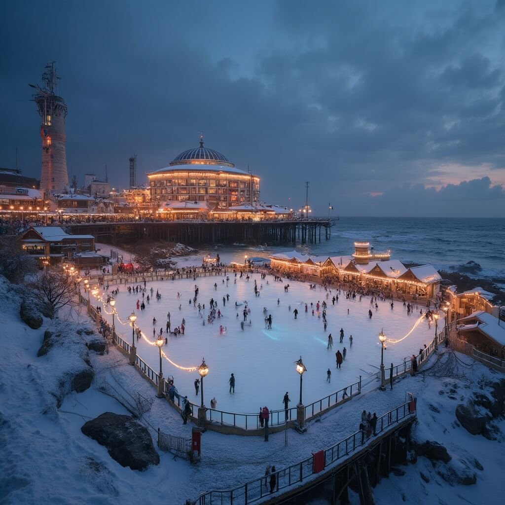 Winter Wonder: Waarom Den Haag Je Winterhart Steelt A winter dusk at Scheveningen Beach with a bustling ice skating rink in the foreground, cozy wooden chalets, and the illuminated Kurhaus hotel in the background, as powerful North Sea waves crash nearby.