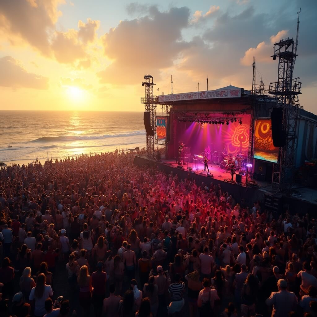 Leuke dingen om te doen in Zeeland: Jouw Ultieme Vakantiegids! Vibrante zomerse festival scène op een zeepier, meerdere rockbands die optreden op een openluchtpodium, enthousiaste muziekliefhebbers in de menigte, kleurrijke podiumverlichting, oceaan golven op de achtergrond en gouden zonsondergang belichting, dynamische energie die de live muziek sfeer vastlegt.