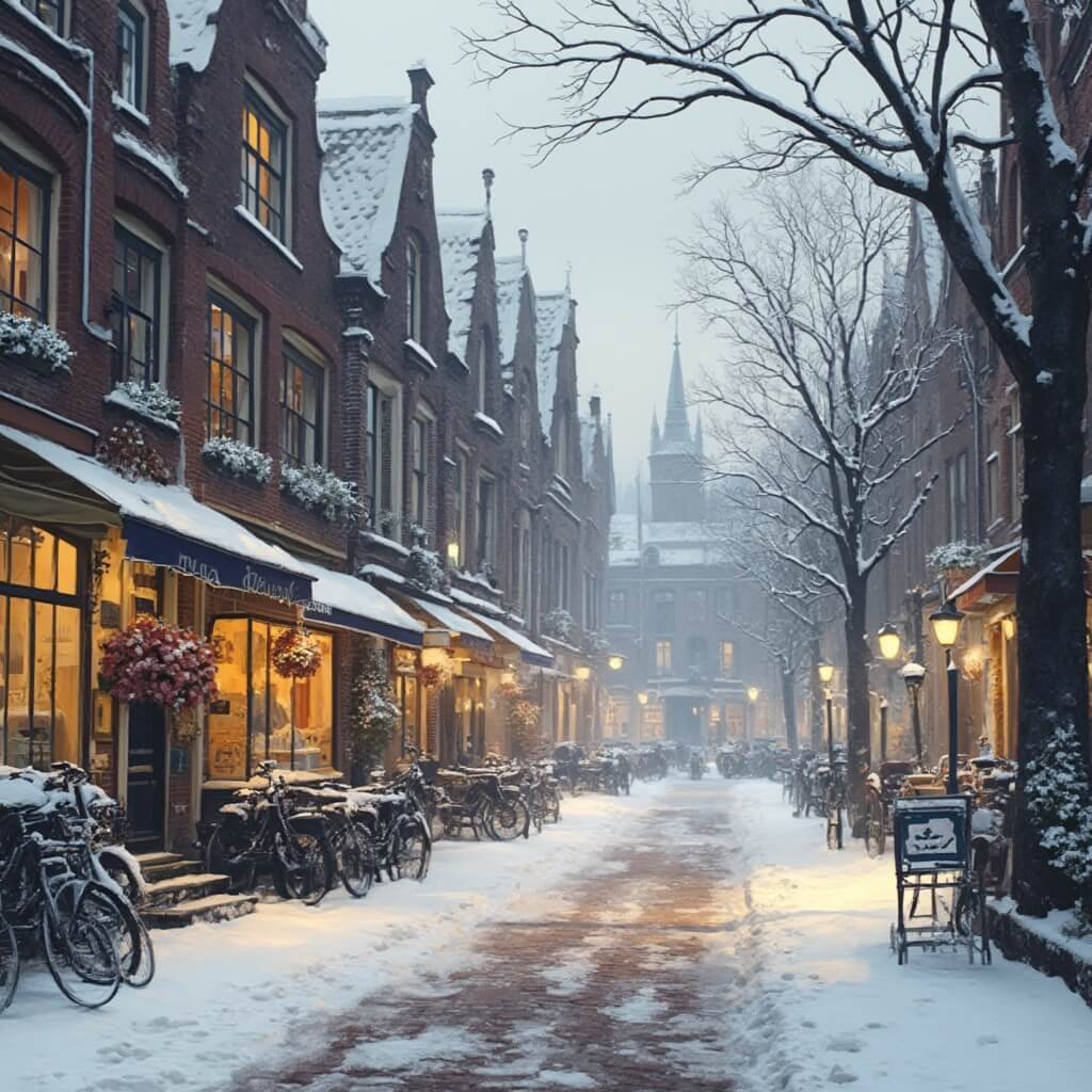 Winter Wonder: Waarom Den Haag Je Winterhart Steelt Charmante winterscène in de Zeeheldenkwartier, historische Nederlandse huizen met klassieke architectuur, lichte sneeuwval, warme glowende ramen, gezellige boetieks, zachte winterverlichting die een knusse sfeer creëert, fietsen geparkeerd langs de cobblestone straat, gedempte kleurenpalet van grijs, wit en zachte bruin tinten, geen mensen in het beeld, gedetailleerde architectonische weergave van een rustige winterochtend.