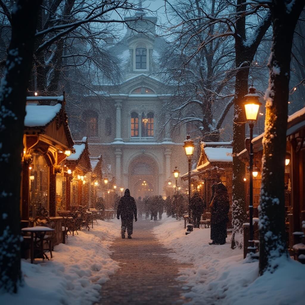 Winter Wonder: Waarom Den Haag Je Winterhart Steelt A winter evening at Lange Voorhout in The Hague, showcasing snow-dusted trees, historic mansions, glowing lanterns, and wooden market chalets, with baroque architecture in the background and soft snowfall creating a dreamy atmosphere.
