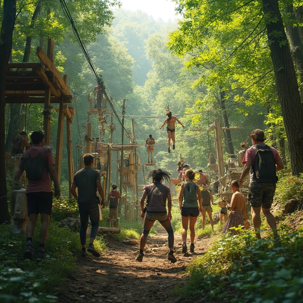 Uitstapjes Brabant: Jouw Ultieme Gids voor Onvergetelijke Avonturen in het Zuiden! Groep mensen die een teambuilding-uitdaging aangaan in een complex obstakelparcours met houten constructies, omringd door een weelderig groen bos op een zonnige dag, met dynamische actie-elementen en een energieke sfeer.