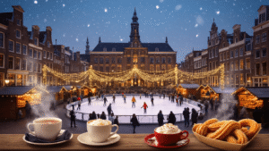 A cozy winter cityscape of Tilburg at dusk featuring a large illuminated ice skating rink in Heuvel square, surrounded by warm Christmas lights, people skating, and enjoying winter treats. Wooden market stalls serve hot chocolate and glühwein, with light snowflakes falling, capturing a magical golden-hour atmosphere with traditional Dutch architecture and modern elements.