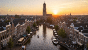 Aerial view of Utrecht's historic city center at golden hour, showcasing the Dom Tower above medieval buildings and canals, traditional Dutch architecture, boats, cafes along the Oudegracht canal, and the distinctive split-level design of the canals.