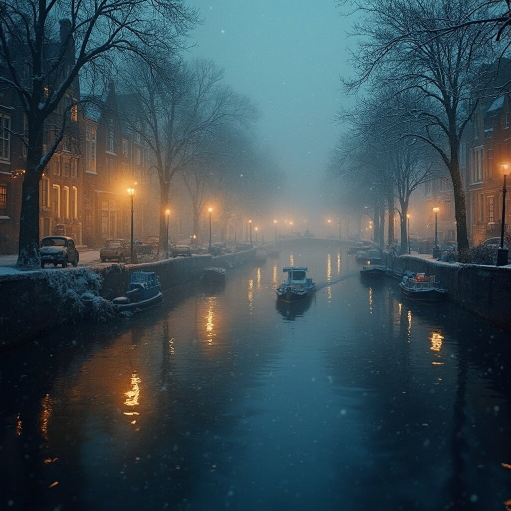 Sfeervolle winteravondscene van de Utrechtse grachten met zachte gouden lantaarnlichtreflecties op water, historische stenen kades, kleine traditionele Nederlandse canal boats, mistige winteratmosfeer, zacht blauw- en gouden kleurenpalet, gedetailleerde architectonische details van grachtenhuizen op de achtergrond, zachte sneeuwvlokken.