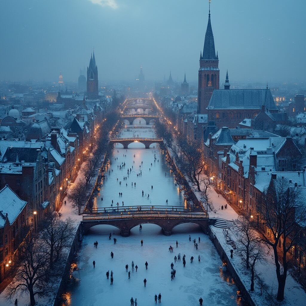 Aerial view of Utrecht's snowy city center in winter, featuring medieval buildings, the Dom Tower, and people ice skating on a frozen canal, with warm lights reflecting on the snow and twinkling decorations on small bridges during blue hour.