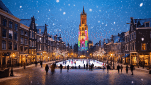 A cozy winter twilight scene in Utrecht's historic city center, featuring the illuminated Dom Tower and snow-dusted cobblestone streets with an ice skating rink, traditional Dutch buildings adorned with twinkling lights, and people enjoying the festive atmosphere amidst gently falling snowflakes.